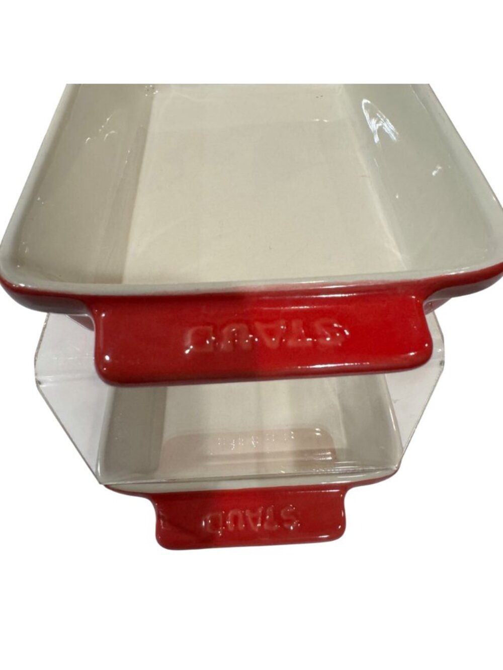 2 Staub Ceramic Rectangular Individual Baking Dishes Set Cherry Red Cream 6.5 in - Picture 9 of 14